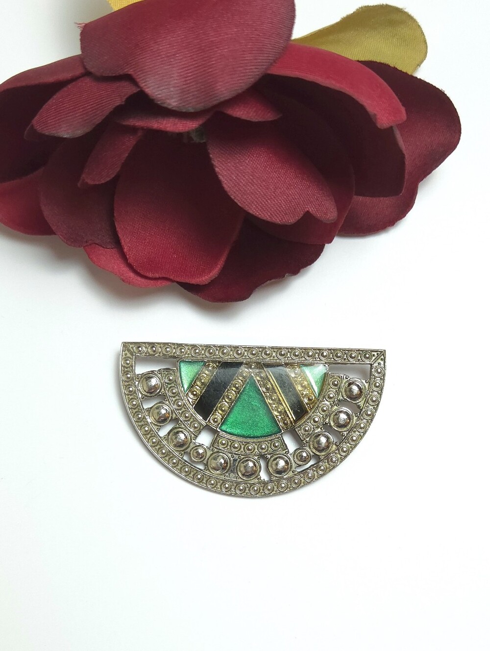 Vintage Pierre Bex Style Green & Black Enamel Silver  Half Circle Brooch